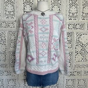 Vtg Shenanigans Hand Knit Pink Chunky Grannycore Coquette Sweater Sz Small